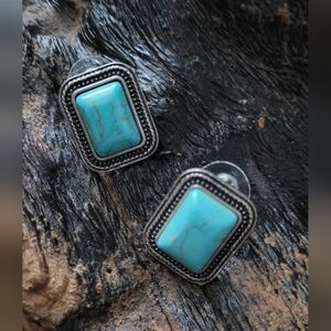 Rectangular Marbled Turquoise and Silver Toned Oversized Stud Earrings